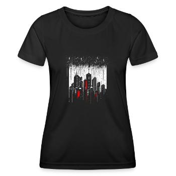 Minimalistische Metropole Wolkenkratzer bei Regen - Frauen Funktions-T-Shirt - Schwarz - Vorne - AI Model Female 172 light (172cm)