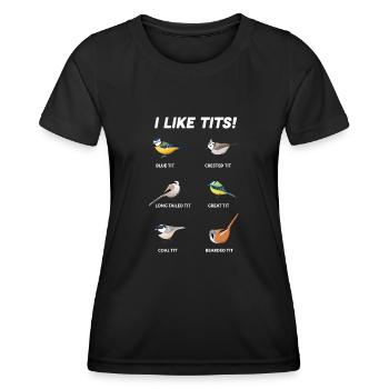 Lustiges Geschenk für Ornithologe | Ich mag Titten (Vögel) - Frauen Funktions-T-Shirt - Schwarz - Vorne - AI Model Female 172 light (172cm)
