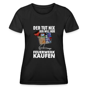 Der will Feuerwerk kaufen - Frauen Funktions-T-Shirt - Schwarz - Vorne - AI Model Female 172 light (172cm)