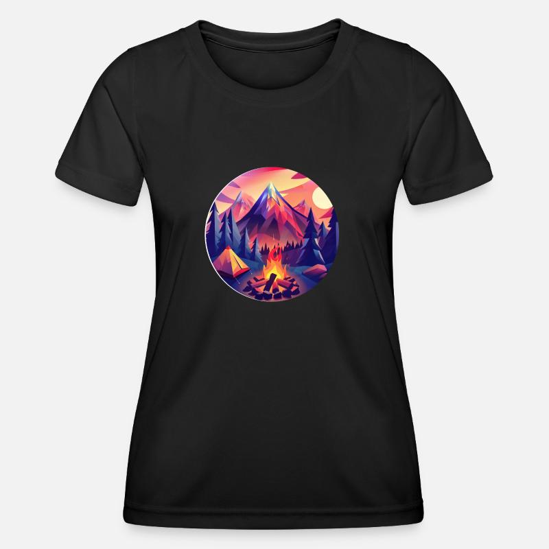 Retro Camping Design – Low Poly Tent & Campfire - Women's Functional T-Shirt - black