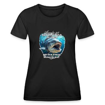 Geduld ist eine Tugend, Angeln auch - Frauen Funktions-T-Shirt - Schwarz - Vorne - AI Model Female 172 light (172cm)