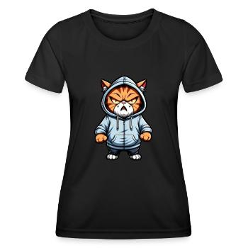 Braune Katze mit Hoodie Dick - Frauen Funktions-T-Shirt - Schwarz - Vorne - AI Model Female 172 light (172cm)
