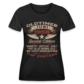 65. Geburtstag Mann Juni Jahrgang 1958 Oldtimer - Frauen Funktions-T-Shirt - Schwarz - Vorne - AI Model Female 172 light (172cm)