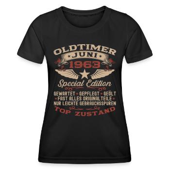 60. Geburtstag Mann Juni Jahrgang 1963 Oldtimer - Frauen Funktions-T-Shirt - Schwarz - Vorne - AI Model Female 172 light (172cm)