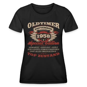 65. Geburtstag Oldtimer September Jahrgang 1958 - Frauen Funktions-T-Shirt - Schwarz - Vorne - AI Model Female 172 light (172cm)