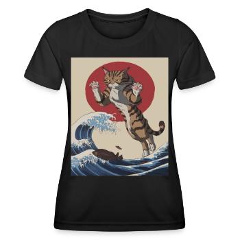 Cat Wave Art – Japanese Inspired Illustration - Women's Functional T-Shirt - black - Front - AI Model Female 172 light (172cm)