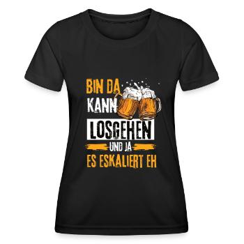 Bin da kann losgehen ja es eskaliert eh Bier - Frauen Funktions-T-Shirt - Schwarz - Vorne - AI Model Female 172 light (172cm)