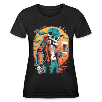 Halloween Biergenuss mit Skelett, das Fest erwacht - Frauen Funktions-T-Shirt - Schwarz - Vorne - AI Model Female 172 light (172cm)