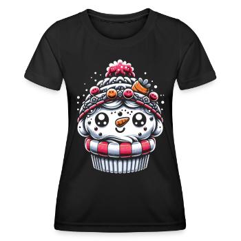 Frostiger Genuß Weihnachtlicher Schneemann Cupcake - Frauen Funktions-T-Shirt - Schwarz - Vorne - AI Model Female 172 light (172cm)