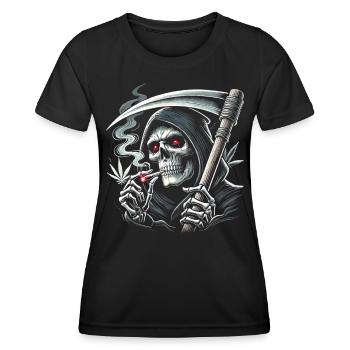 Schwarzer Humor rauchender Sensenmann zu Halloween - Frauen Funktions-T-Shirt - Schwarz - Vorne - AI Model Female 172 light (172cm)