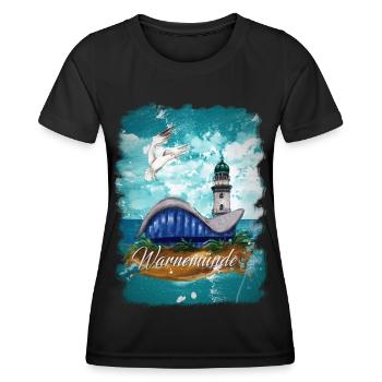 Warnemünder Teepot und Leuchtturm mit Möwe - Frauen Funktions-T-Shirt - Schwarz - Vorne - AI Model Female 172 light (172cm)