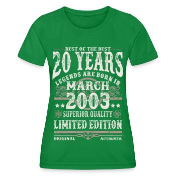 Born in March 2003 - 20 years old - Women's Functional T-Shirt - kelly green - Front - AI Model Female 172 dark (172cm)