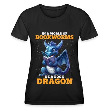 Drachen Und Bücher Dragon Liebhaber Bücherwurm - Frauen Funktions-T-Shirt - Schwarz - Vorne - AI Model Female 172 light (172cm)