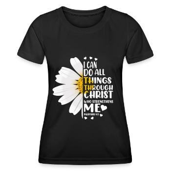 Je peux tout faire à travers la fleur de marguerite du Christ - T-shirt sport Femme - noir - Devant - AI Model Female 172 light (172cm)