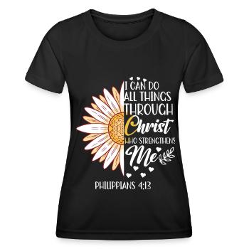 Je peux tout faire à travers la fleur de marguerite du Christ - T-shirt sport Femme - noir - Devant - AI Model Female 172 light (172cm)