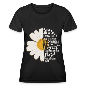 Je peux tout faire à travers la fleur de marguerite du Christ - T-shirt sport Femme - noir - Devant - AI Model Female 172 light (172cm)
