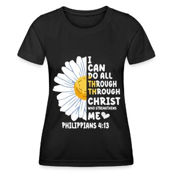 Je peux tout faire à travers la fleur de marguerite du Christ - T-shirt sport Femme - noir - Devant - AI Model Female 172 light (172cm)