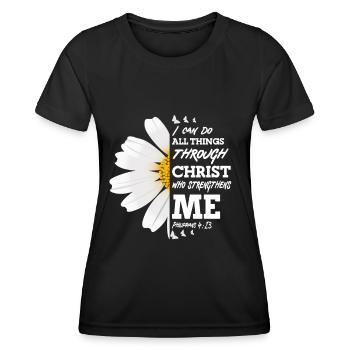 Je peux tout faire à travers la fleur de marguerite du Christ - T-shirt sport Femme - noir - Devant - AI Model Female 172 light (172cm)