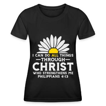 Je peux tout faire à travers la fleur de marguerite du Christ - T-shirt sport Femme - noir - Devant - AI Model Female 172 light (172cm)