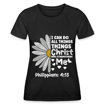 Je peux tout faire à travers la fleur de marguerite du Christ - T-shirt sport Femme - noir - Devant - AI Model Female 172 light (172cm)
