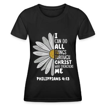 Je peux tout faire à travers la fleur de marguerite du Christ - T-shirt sport Femme - noir - Devant - AI Model Female 172 light (172cm)