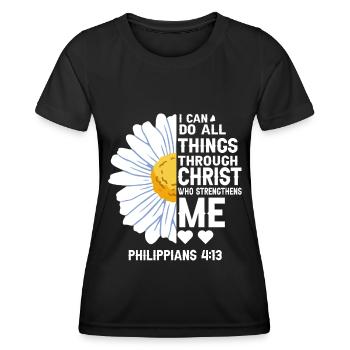 Je peux tout faire à travers la fleur de marguerite du Christ - T-shirt sport Femme - noir - Devant - AI Model Female 172 light (172cm)