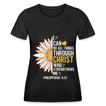 Je peux tout faire à travers la fleur de marguerite du Christ - T-shirt sport Femme - noir - Devant - AI Model Female 172 light (172cm)