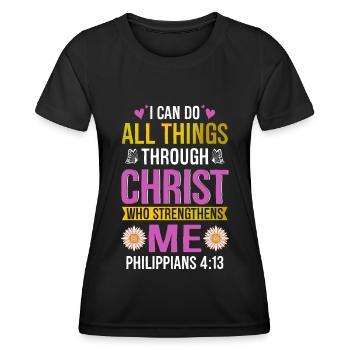 Je peux tout faire à travers la fleur de marguerite du Christ - T-shirt sport Femme - noir - Devant - AI Model Female 172 light (172cm)