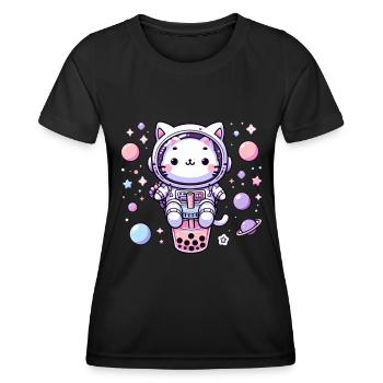Kawaii Cat Astronaut Bubble Tea in Space - Women's Functional T-Shirt - black - Front - AI Model Female 172 light (172cm)