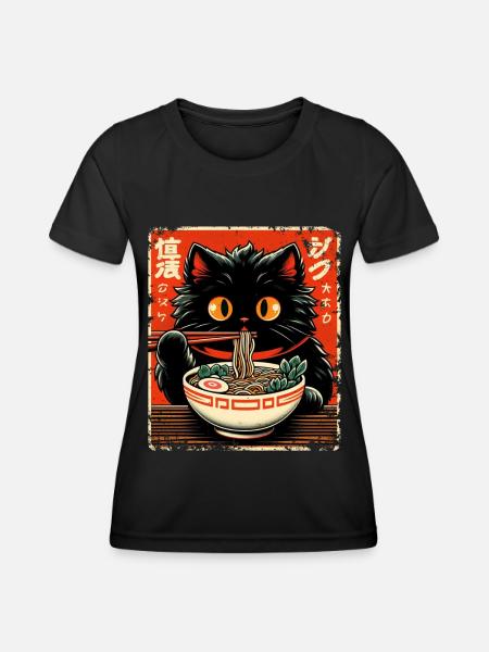 Cat Ramen Noodle Anime Japanese Cat Kitten - Women's Functional T-Shirt - black