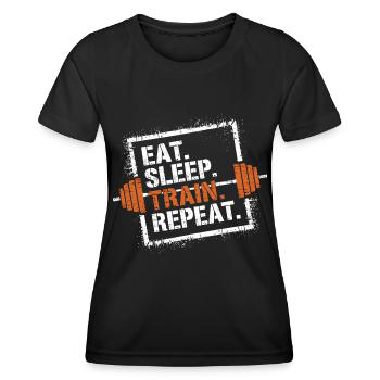 Eat Sleep Train Repeat – Entraînement physique et musculation - T-shirt sport Femme - noir - Devant - AI Model Female 172 light (172cm)