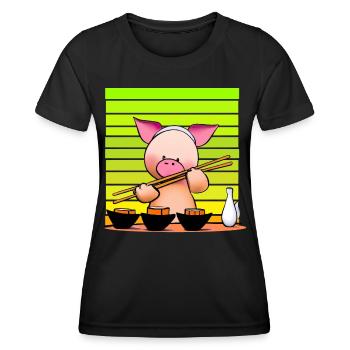 Schwein versucht Sushi mit Stäbchen - Frauen Funktions-T-Shirt - Schwarz - Vorne - AI Model Female 172 light (172cm)