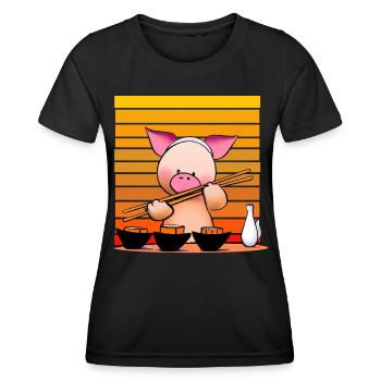 Schwein versucht Sushi mit Stäbchen - Frauen Funktions-T-Shirt - Schwarz - Vorne - AI Model Female 172 light (172cm)