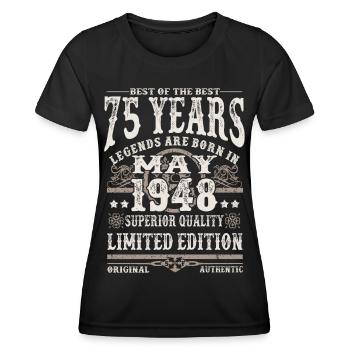 Born in May 1948 - 75 years old - Women's Functional T-Shirt - black - Front - AI Model Female 172 light (172cm)