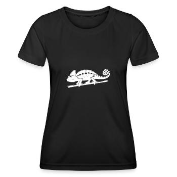Fleckiges Chamäleon läuft über einen Ast - Frauen Funktions-T-Shirt - Schwarz - Vorne - AI Model Female 172 light (172cm)