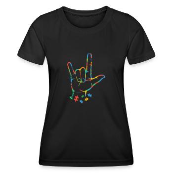 Autisme Puzzle coloré ASL Main-main - T-shirt sport Femme - noir - Devant - AI Model Female 172 light (172cm)