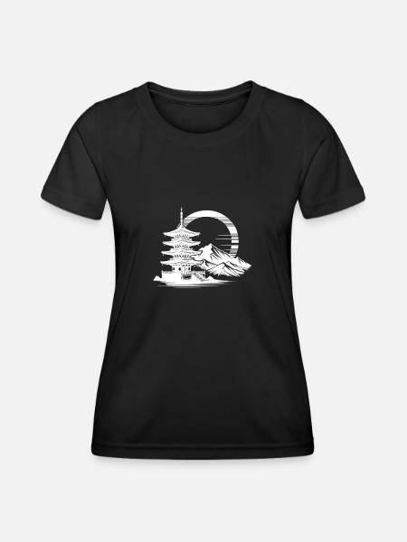 Japanische Pagode mit Bergen im Hintergrund - Frauen Funktions-T-Shirt - Schwarz
