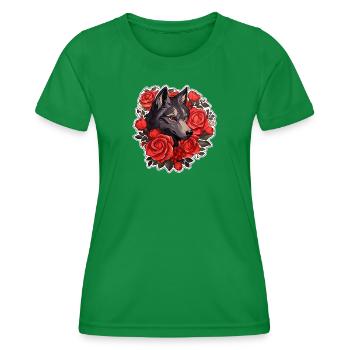 Gothic Wolf und Rosen Illustration - Frauen Funktions-T-Shirt - Kelly Green - Vorne - AI Model Female 172 dark (172cm)