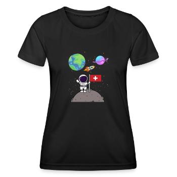Mondlandung Planet Schweiz Flagge Astronaut - Frauen Funktions-T-Shirt - Schwarz - Vorne - AI Model Female 172 light (172cm)