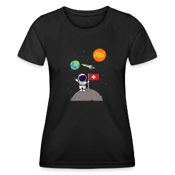 Planet Switzerland Flag Moon Landing Astronaut - Women's Functional T-Shirt - black - Front - AI Model Female 172 light (172cm)
