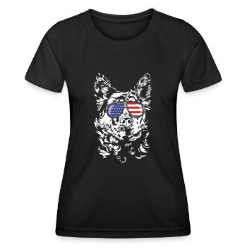 Hungarian Mudi America Flag Sunglasses Dogs - Women's Functional T-Shirt - black - Front - AI Model Female 172 light (172cm)