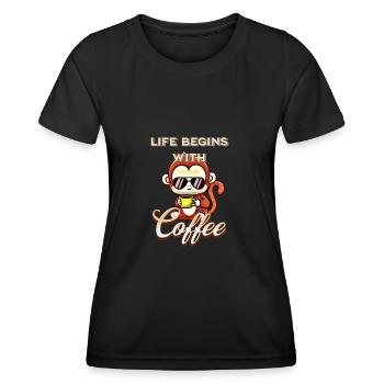 Life begins with Coffee Affe Kaffeeliebhaber - Frauen Funktions-T-Shirt - Schwarz - Vorne - AI Model Female 172 light (172cm)