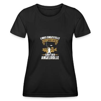 Links eingestellt ist nur der Griff der Angelrolle - Frauen Funktions-T-Shirt - Schwarz - Vorne - AI Model Female 172 light (172cm)