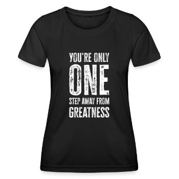 Sie sind nur einen Schritt von der Größe entfernt. Fallschirmspringer - Frauen Funktions-T-Shirt - Schwarz - Vorne - AI Model Female 172 light (172cm)