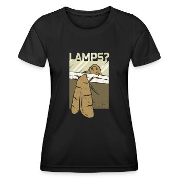 Funny owl figurine with big eyes and lamps text - Women's Functional T-Shirt - black - Front - AI Model Female 172 light (172cm)