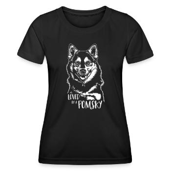 Aimé par un chien Pomsky Dog Saying Wilsigns - T-shirt sport Femme - noir - Devant - AI Model Female 172 light (172cm)