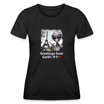 Aliens in Paris - A Galactic Selfie Tale - Women's Functional T-Shirt - black - Front - AI Model Female 172 light (172cm)