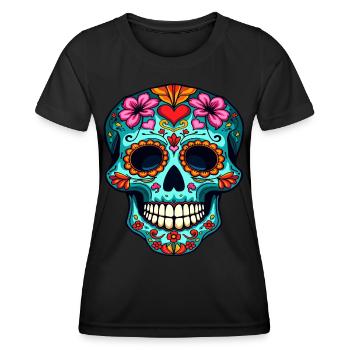 Cœur et crâne en sucre floral – Œuvre d’art festive - T-shirt sport Femme - noir - Devant - AI Model Female 172 light (172cm)