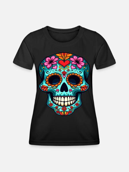 Heart and Floral Sugar Skull – Festive Artwork - Women's Functional T-Shirt - black