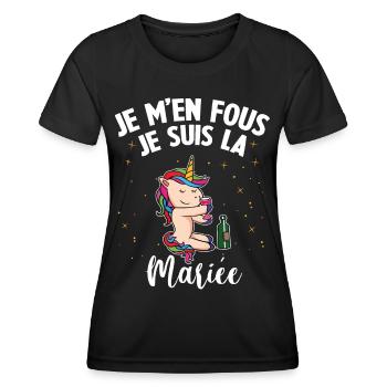Je m'en fou j suis la Mariée Bride EVJF Licorne - T-shirt sport Femme - noir - Devant - AI Model Female 172 light (172cm)